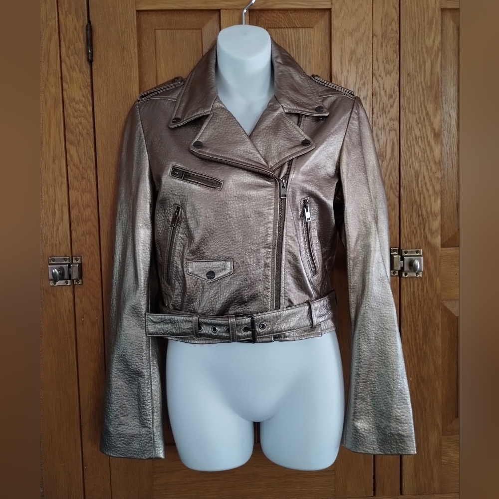 NWT Lamarque Roberto metallic gold leather belted moto jacket